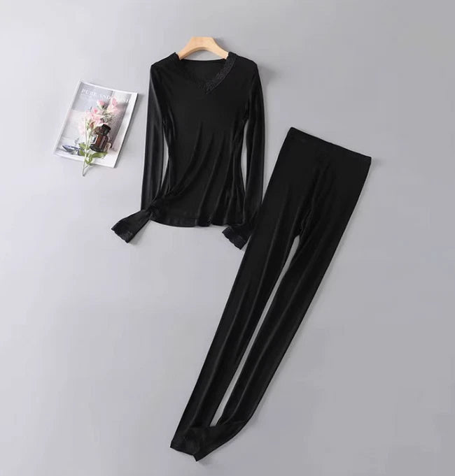 Women Silk Thermal Lace Long Johns Top & Bottom Set Soft Mulberry Silk Underwear