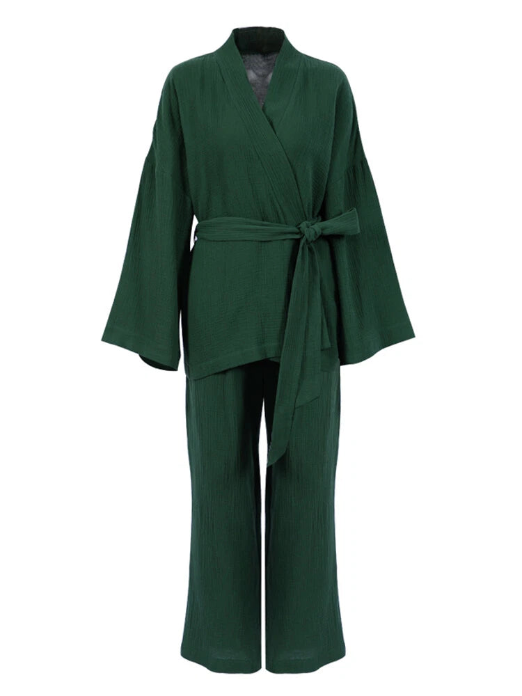 100% cotton women's nightgown pajamas set flared pajamas trousers set 2pcs