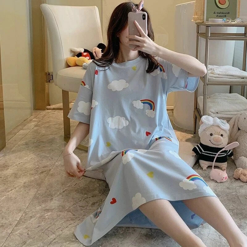 Summer Women's Sleep Shirt Dress Short Sleeve Cotton Casual Nightwear Pajama Set