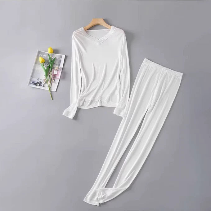 Women Silk Thermal Lace Long Johns Top & Bottom Set Soft Mulberry Silk Underwear