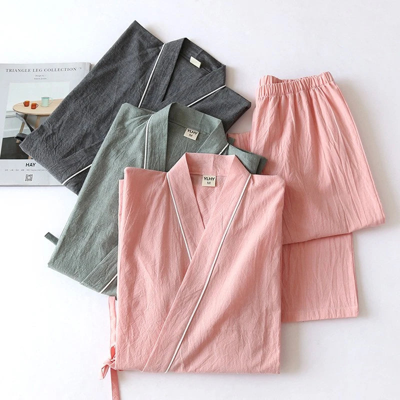 Women 100% Cotton Pajamas Japanese Kimono Robe Top+Pants Sleepwear Nightgown Set
