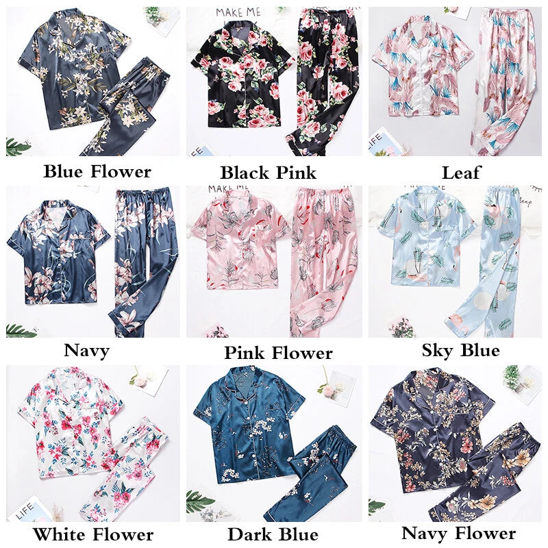 Women's Silk Satin Pajamas Set Short Sleeve Print Sleepwear Nightwear Pyjamas PJ