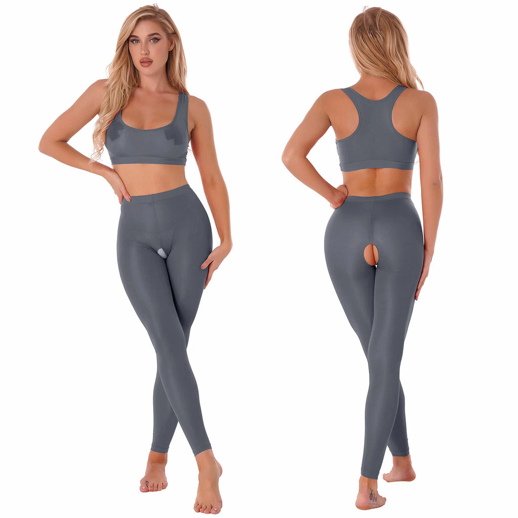 Women 2pcs Lingerie Set Sleeveless Crop Top High Waist Crotchless Leggings Pants