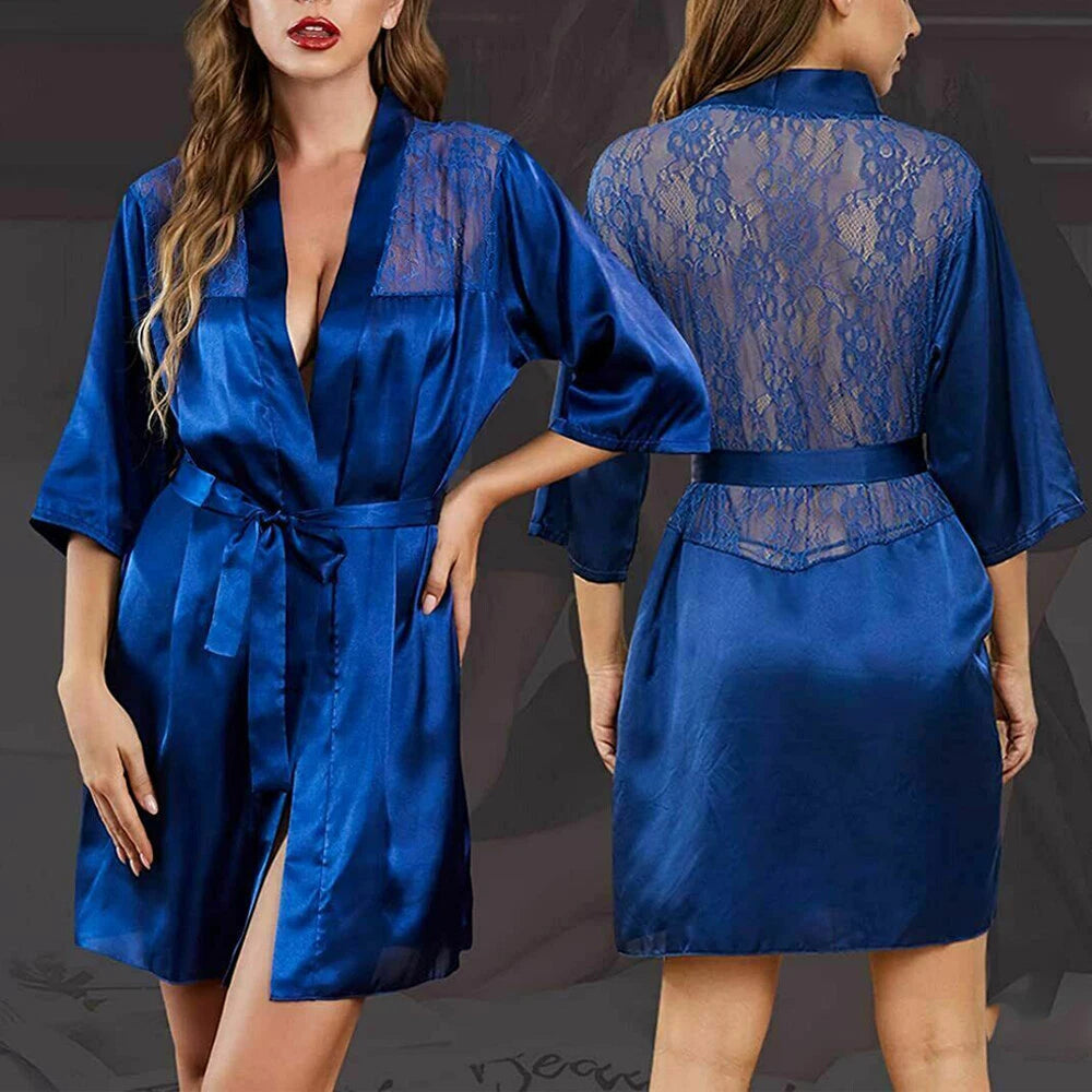 Sexy Robe Satin Lingerie Women Lace Dress Babydoll Nightgown Sleepwear pajamas
