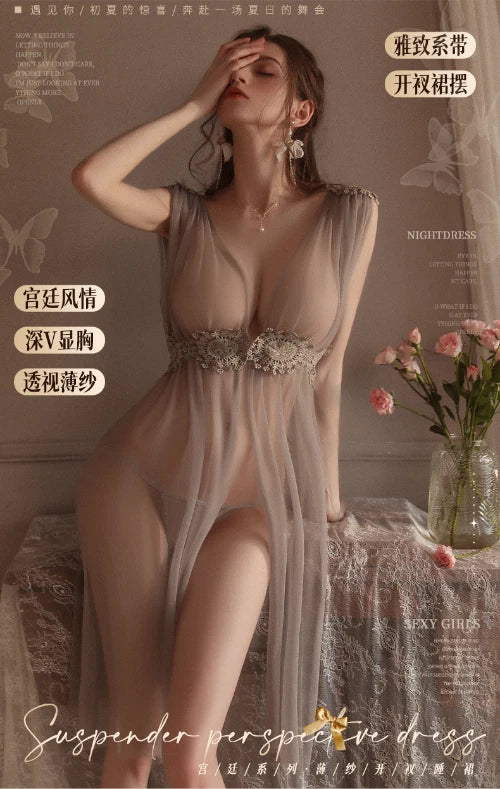 See Through Nightdress Sexy Lingerie Set Dress Embroidery Pajamas Uniform