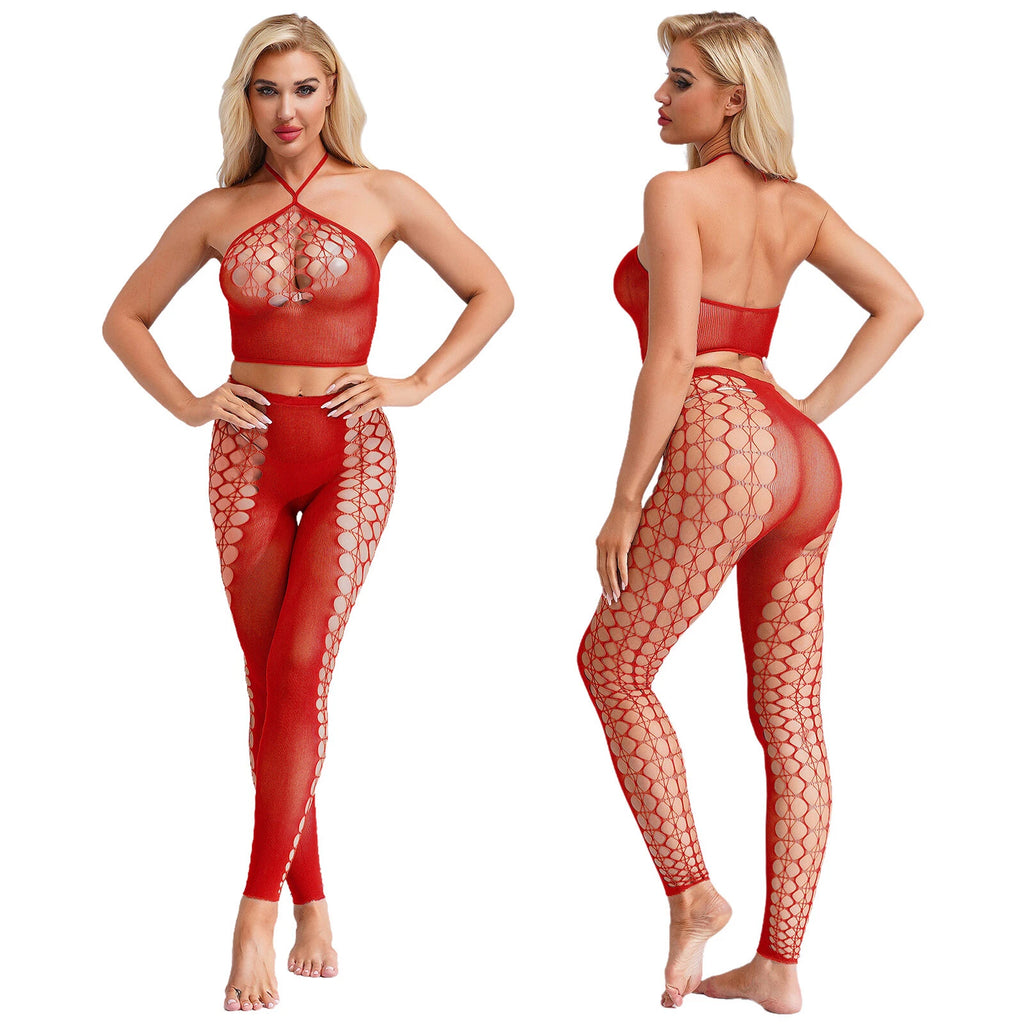 Womens Hollow Out Translucent Lingerie Set Stretchy Fishnet Solid Color Tights