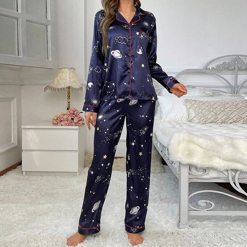 Women Silk Satin Pajamas Set Long Sleeve Button-Down Sleepwear Loungewear Charm