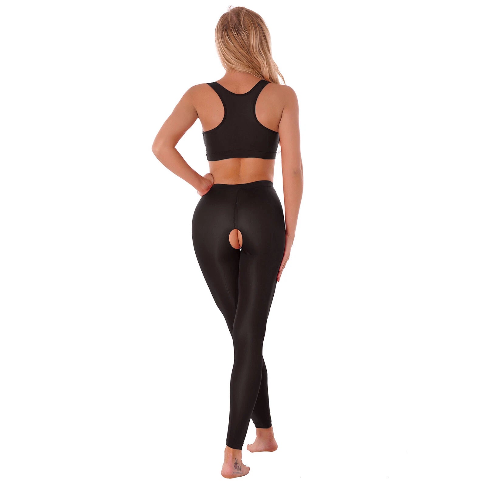 Women 2pcs Lingerie Set Sleeveless Crop Top High Waist Crotchless Leggings Pants