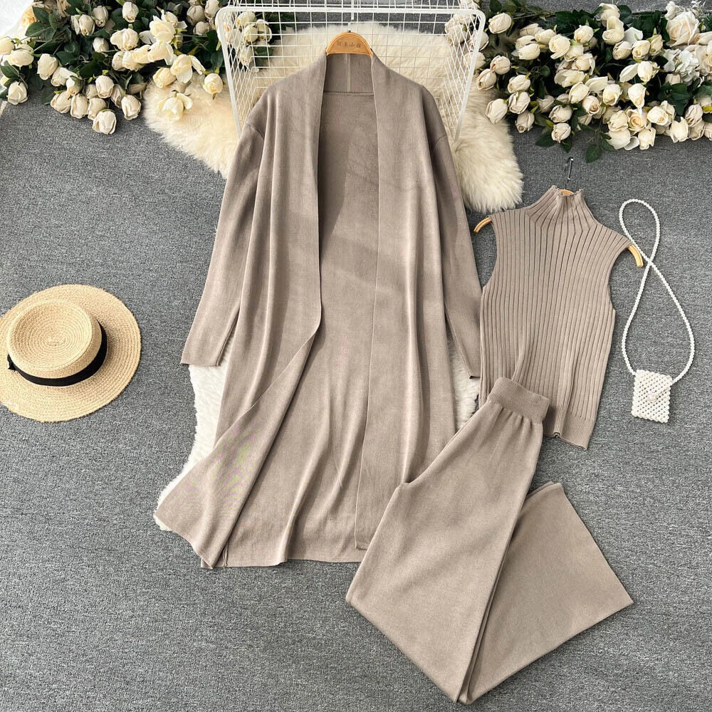 2023 Spring Knitted Women's Long Sleeved Cardigan+vest+long Pants Pajama Set