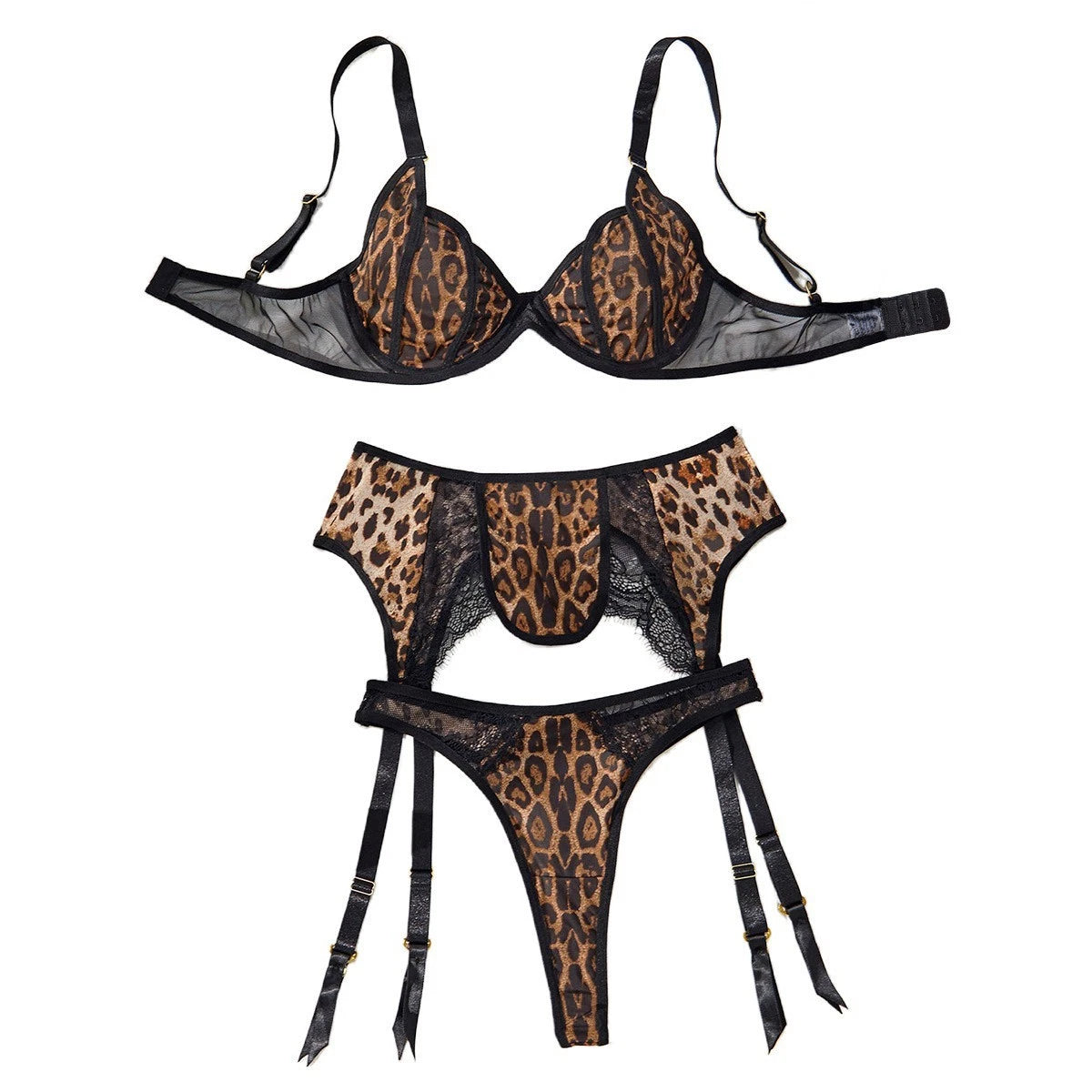Luxallacki Leopard Lace Mesh Spliced Bra Garter Thong Lingerie Pajamas Set