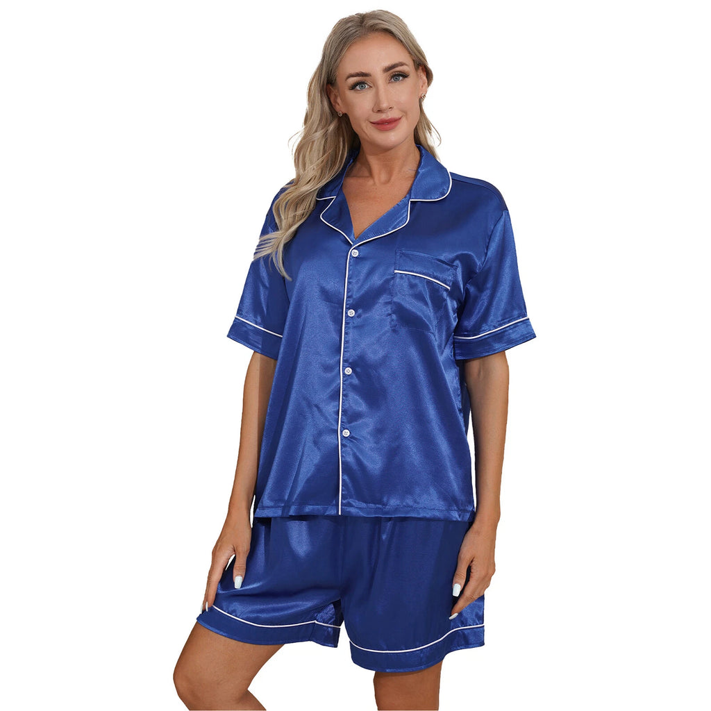 AU Women's Satin Pajamas Short Sleeve Top with Shorts Sleepwear Loungewear Set