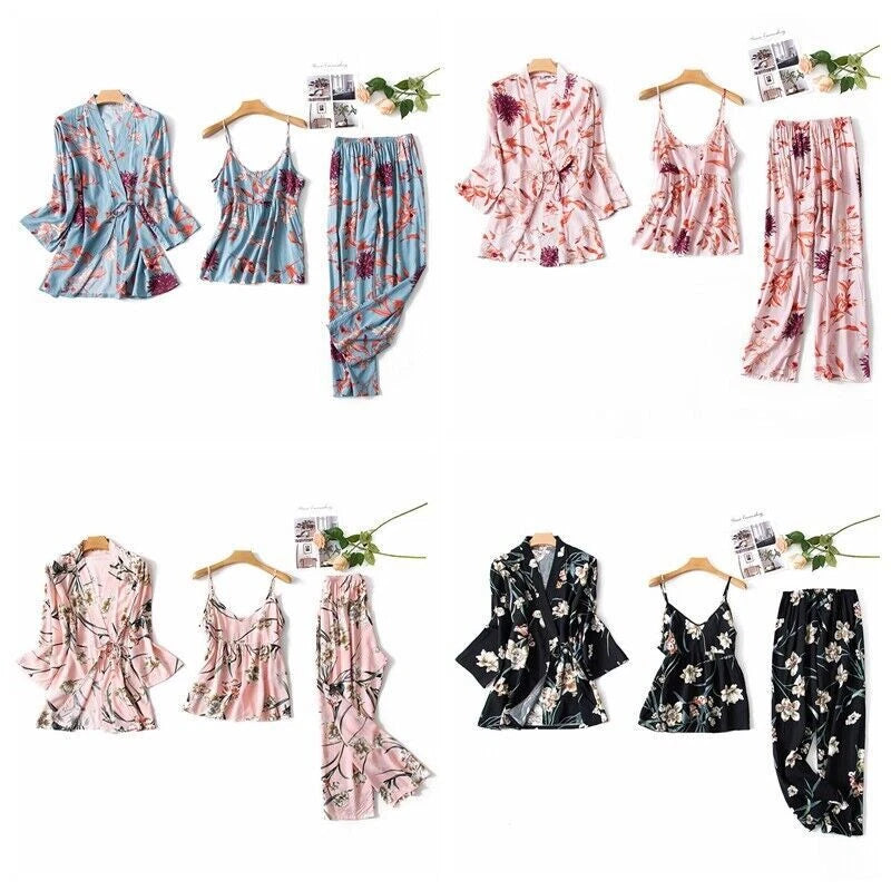3PC Women Night Dress Silk-Cotton Pajama Sleepwear Long Robes Nightwear Gown Set