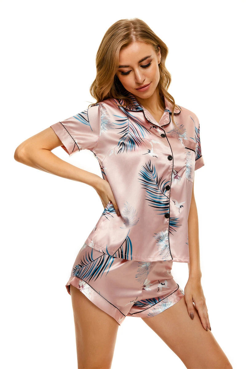 Women's Silk Satin Pajamas Set Short Sleeve Print Sleepwear Nightwear Pyjamas PJ