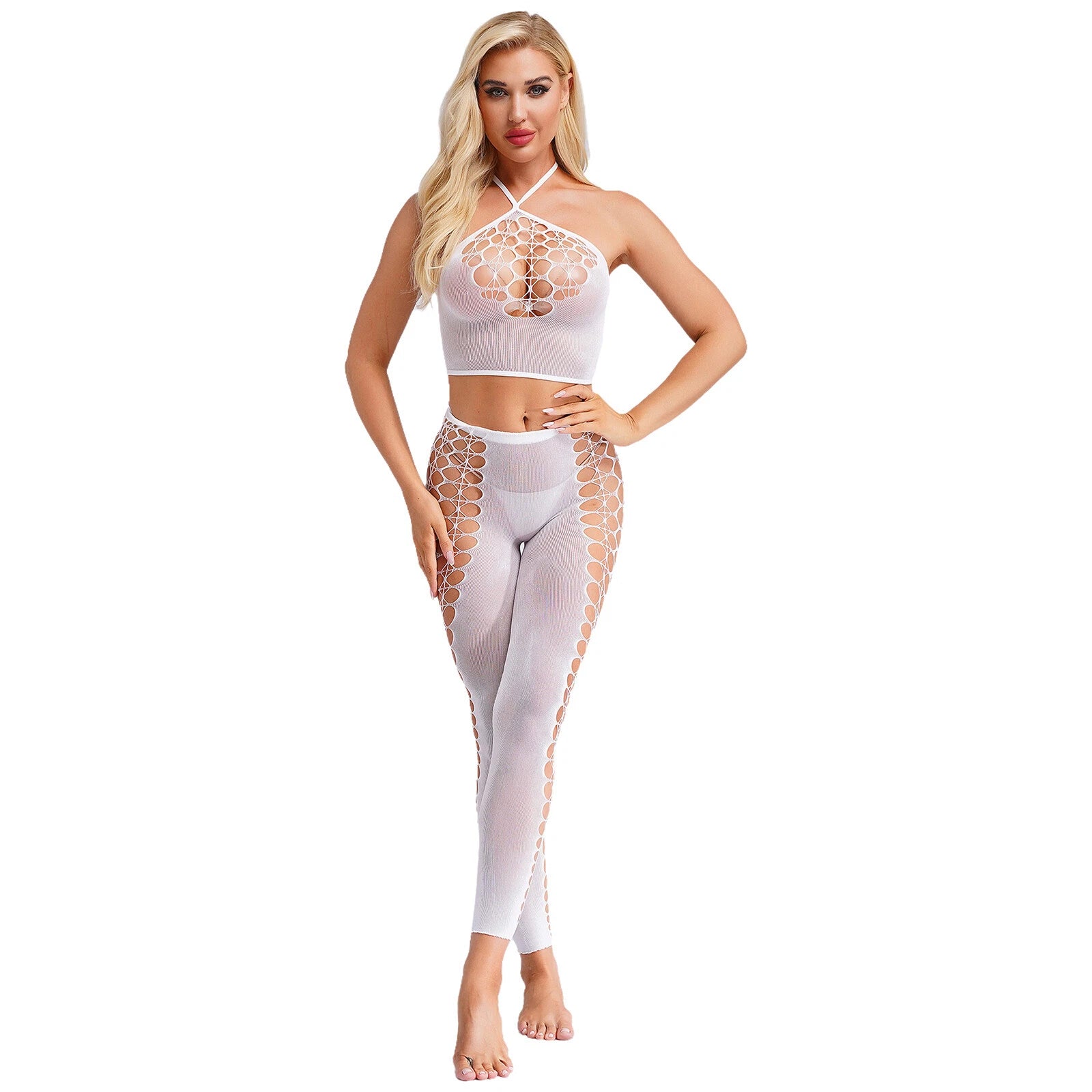Womens Hollow Out Translucent Lingerie Set Stretchy Fishnet Solid Color Tights