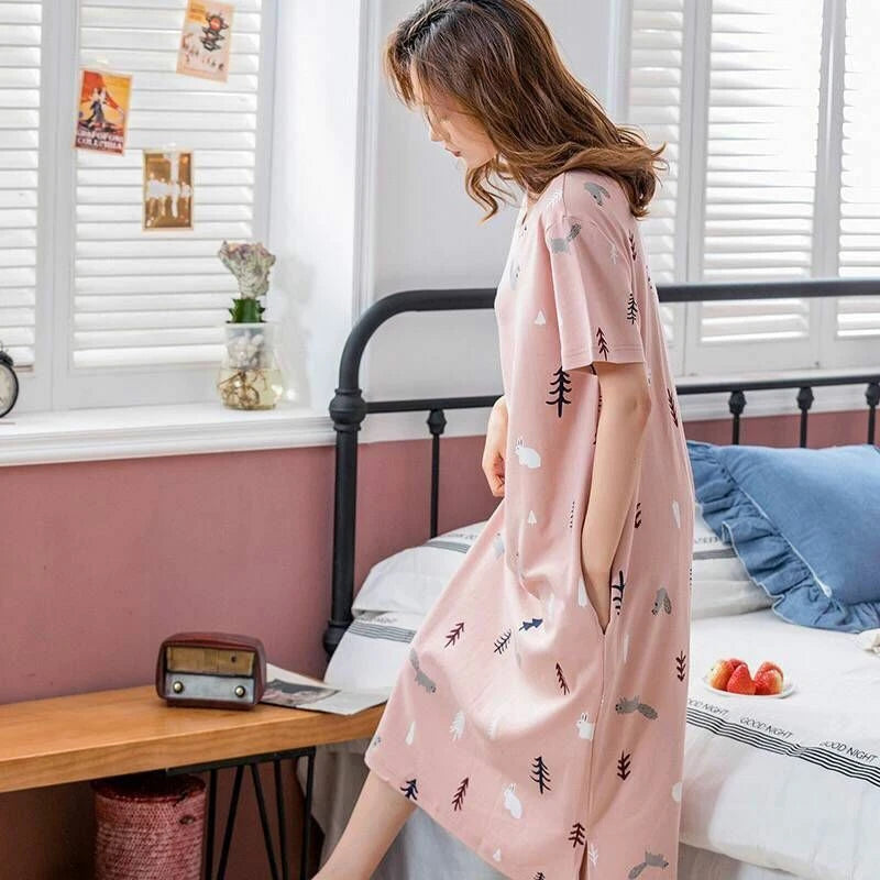 Summer Women's Sleep Shirt Dress Short Sleeve Cotton Casual Nightwear Pajama Set