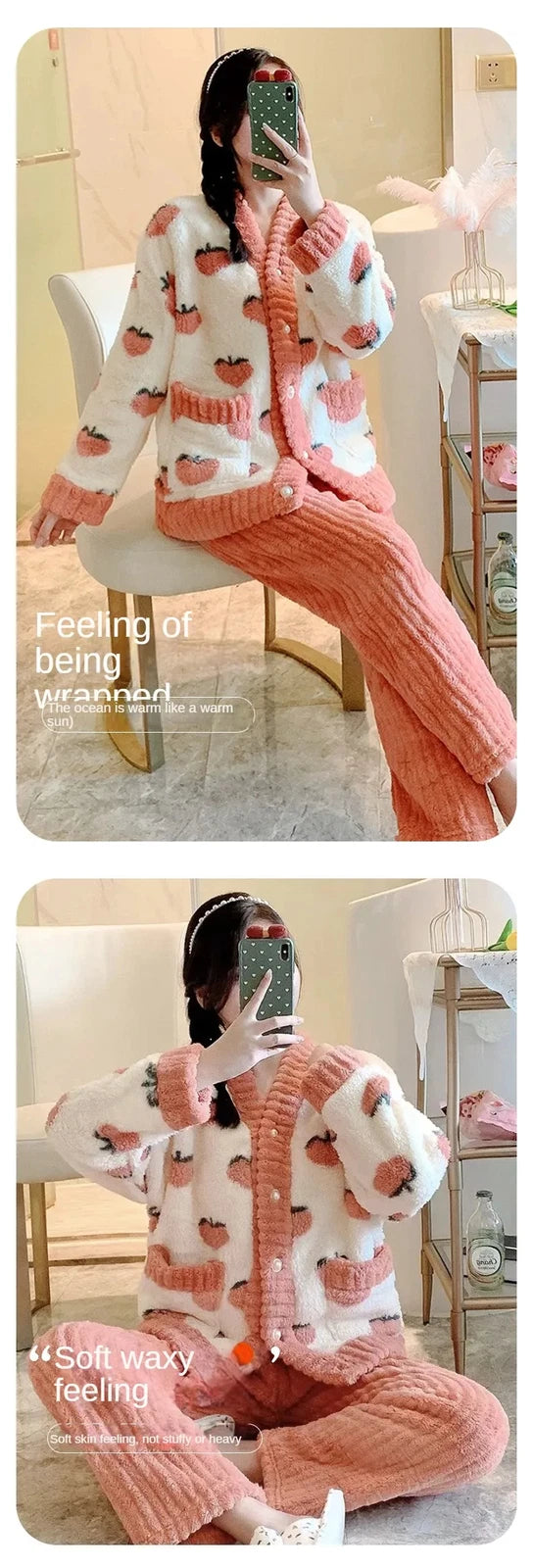 Women Pajamas Loungewear Winter Peach Sleepwear Homewear Two-Piece Set Nightwear