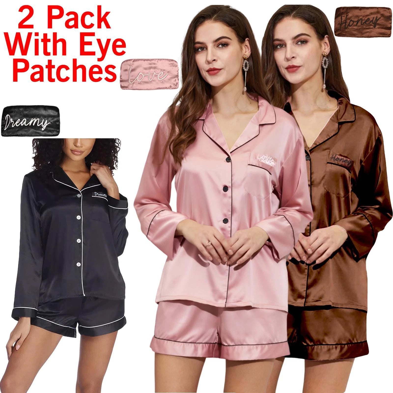 2 Pack Womens Satin Pyjamas Nightwear PJs Set Ladies Silk Long Sleeve Sleepwear