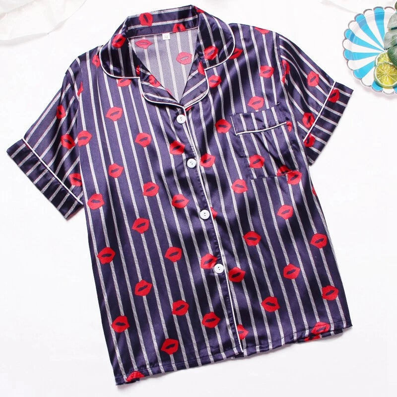 Women's Silk Satin Pajamas Set Short Sleeve Print Sleepwear Nightwear Pyjamas PJ
