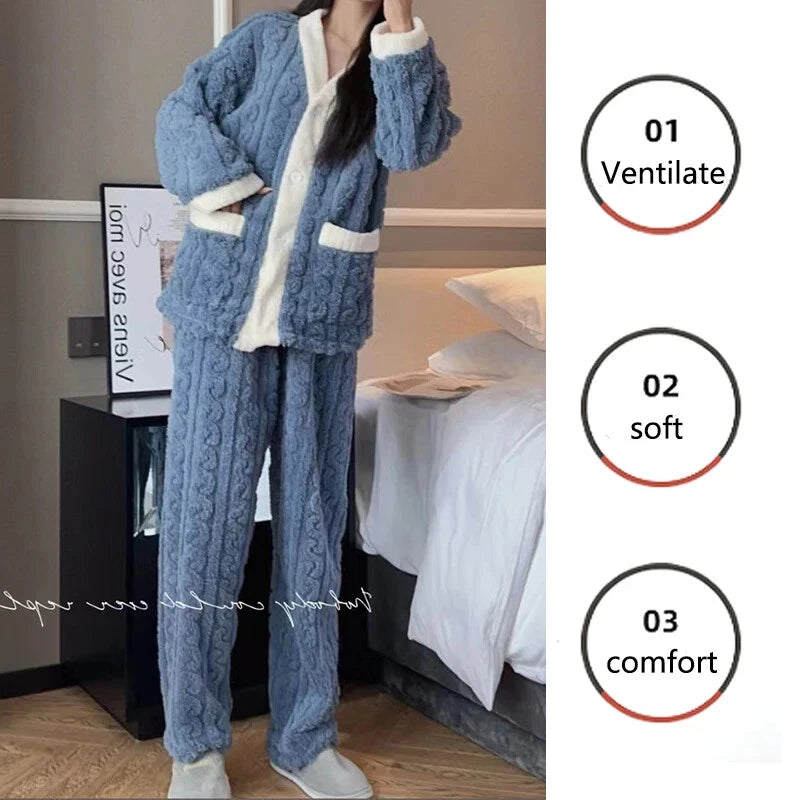 2pcs/Set Autumn and Winter Pajamas Women Thickened Padded Warm Students Coral