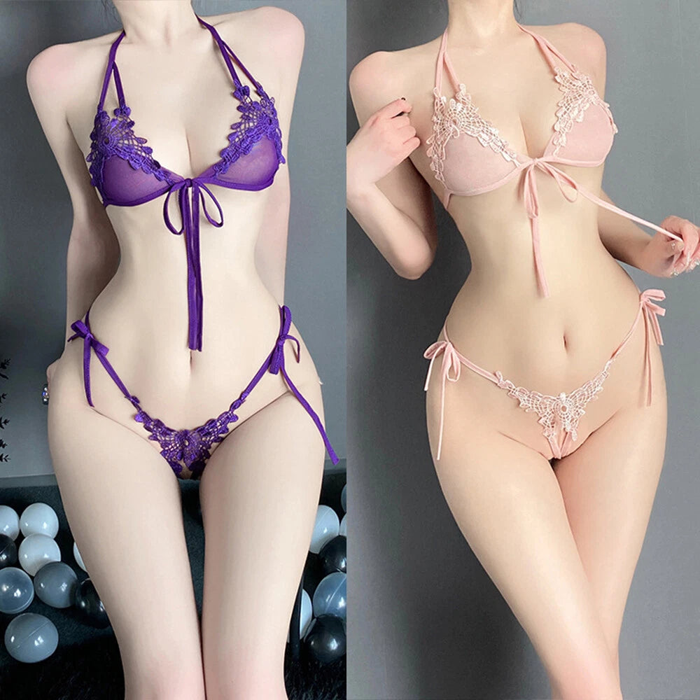 Women Sexy Bra Thong Set Lace See-through Lingerie G-String Underwear Babydoll