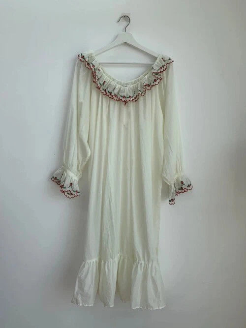 Vintage Women Sleepwear LadiesStrawberry Embroidery Lace  Semitransparent Dress