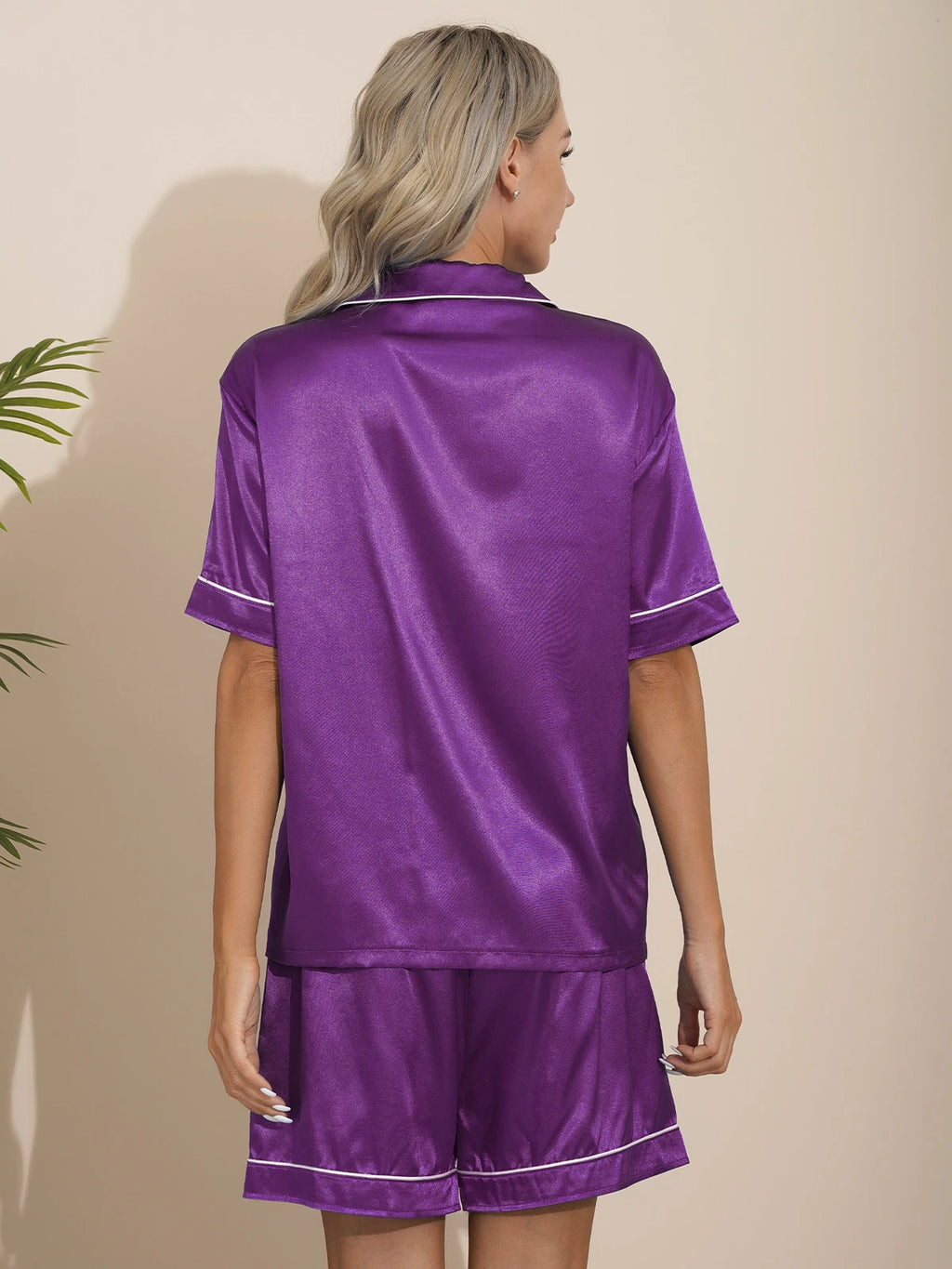 Women's 2PCS Satin Pajamas Set Short Sleeves Button Shirt with Shorts AU