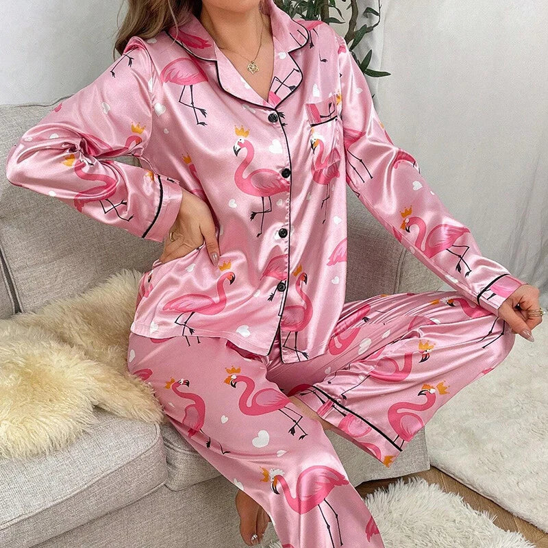 Women Silk Satin Pajamas Set Long Sleeve Button-Down Sleepwear Loungewear Charm