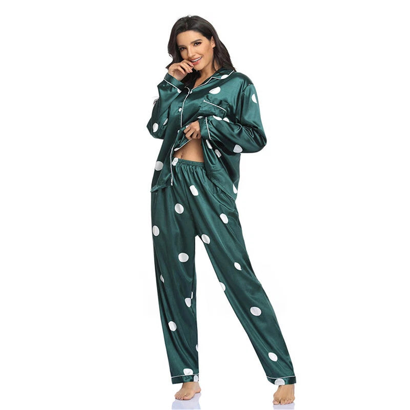 Women Silk Satin Pajamas Set Long Sleeve Button-Down Sleepwear Loungewear Charm
