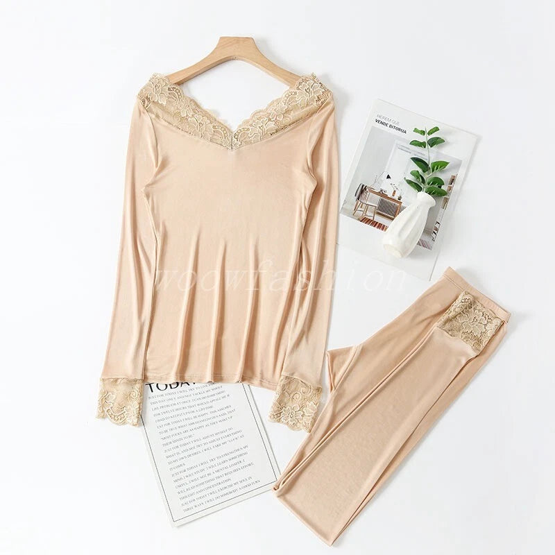 Women Knit Silk Pajama  Long Johns Set Lace V Neck Thermal Nightwear Pajama Set