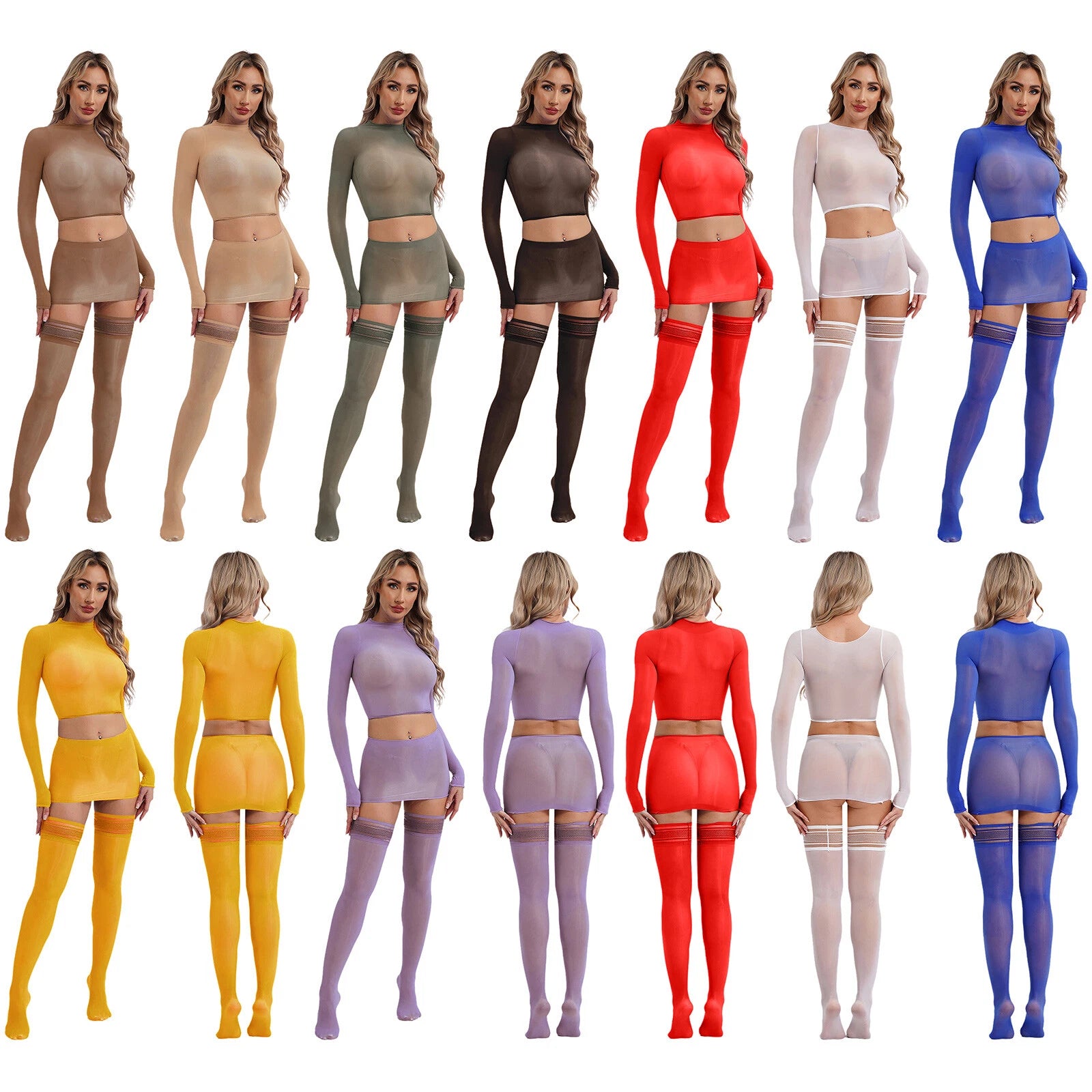Womens Crop Top And Skirt With Stockings Round Neck Nightwear Tempting Glossy