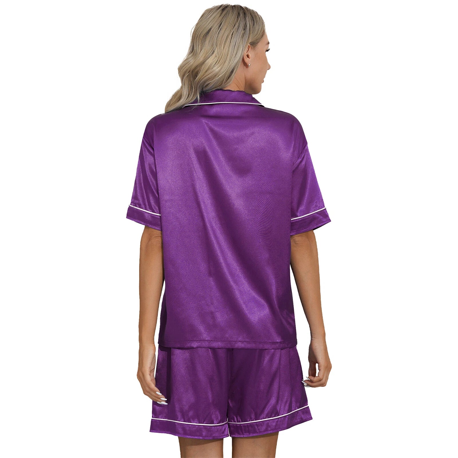 AU Womens Solid Satin Pajamas Set Tops with Shorts 2 Piece Sleepwear Loungewear