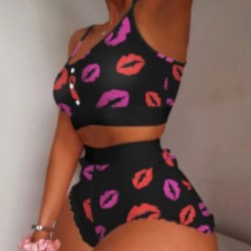 Womens Lingerie Floral Printing Sexy Pajamas Set Soft Leisure Vest Crop Shorts