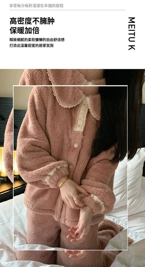 2 Pieces /Sets Winter Pajamas  Flannel Coral Long Sleeve  Suit Kawaii Velvet