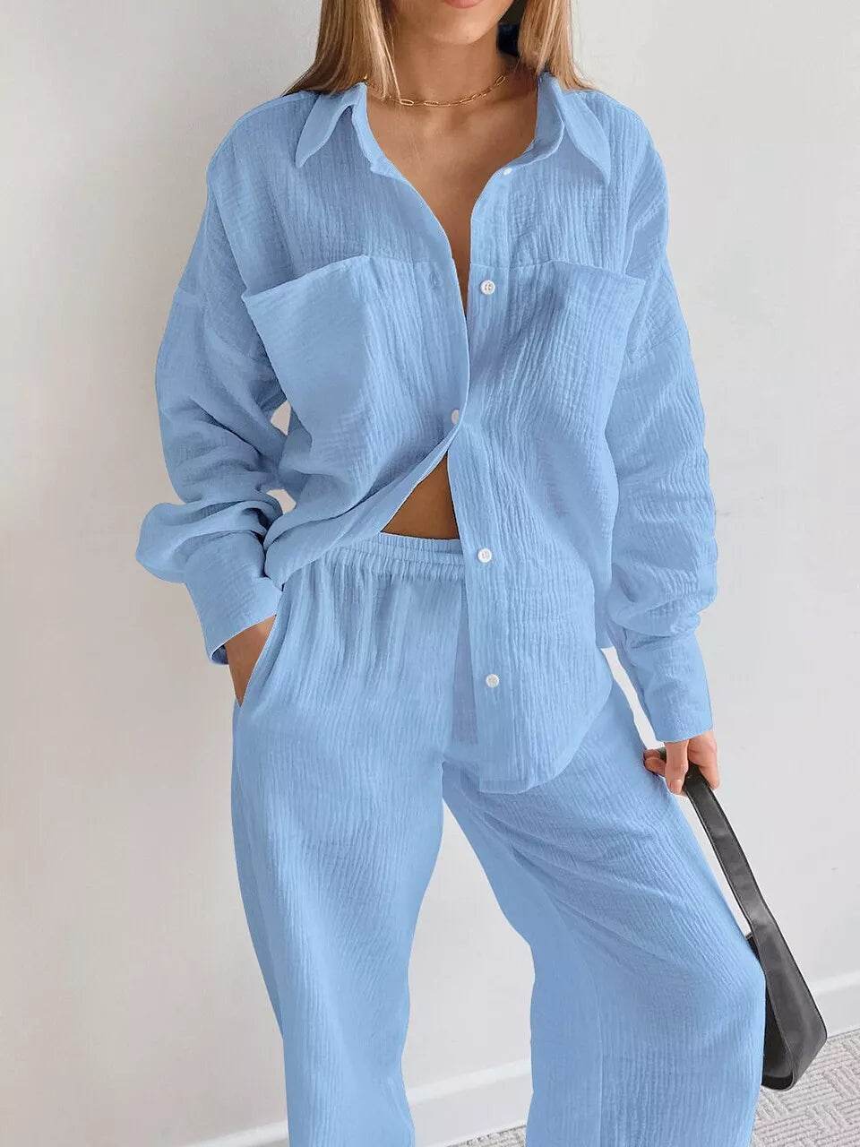 2023 Women's pajamas cotton long sleeved 2-piece pajama casual pants set