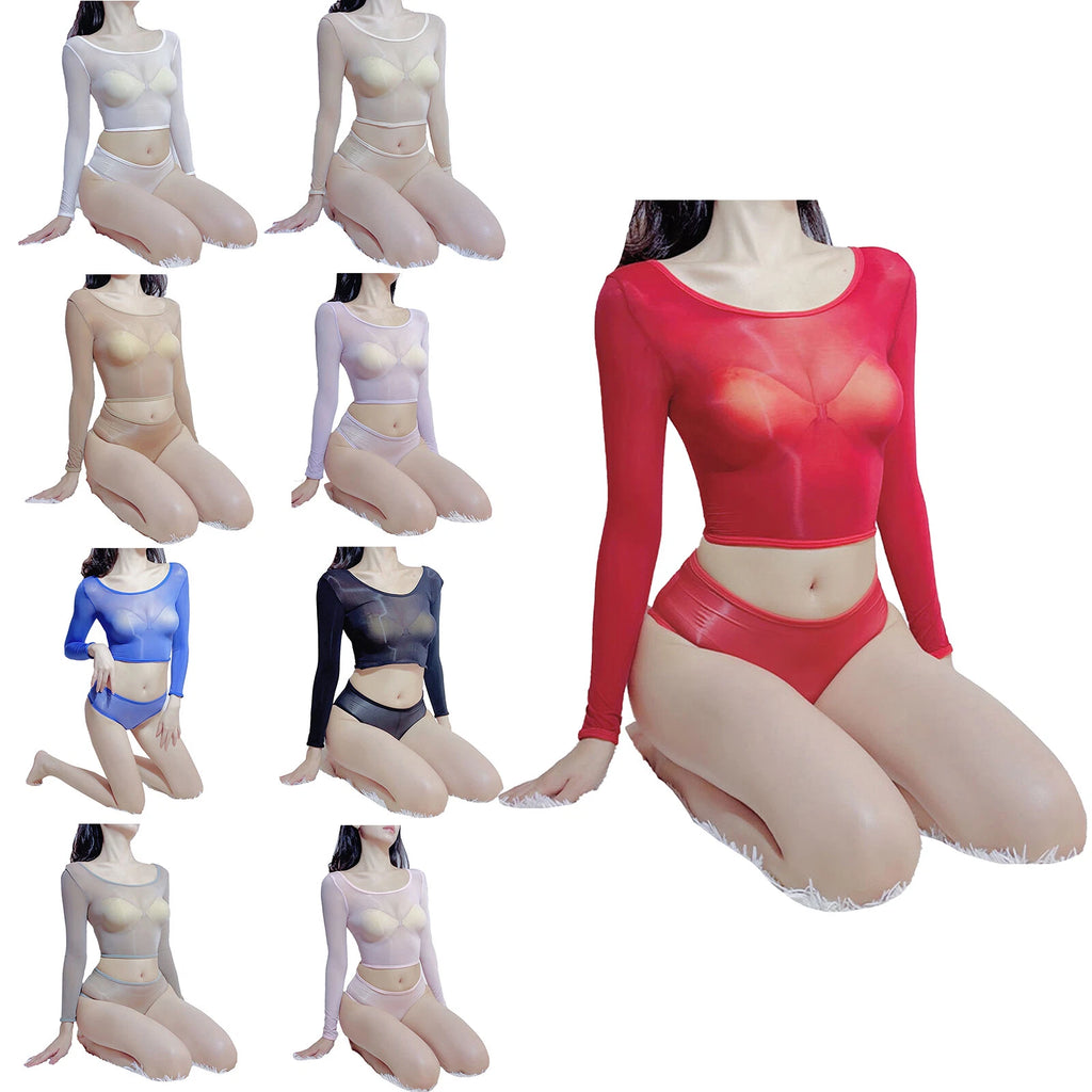 Womens Crop Top With Briefs Mid Waist Nightwear Long Sleeve Tops And Panties
