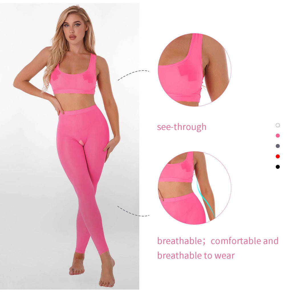 Women 2pcs Lingerie Set Sleeveless Crop Top High Waist Crotchless Leggings Pants
