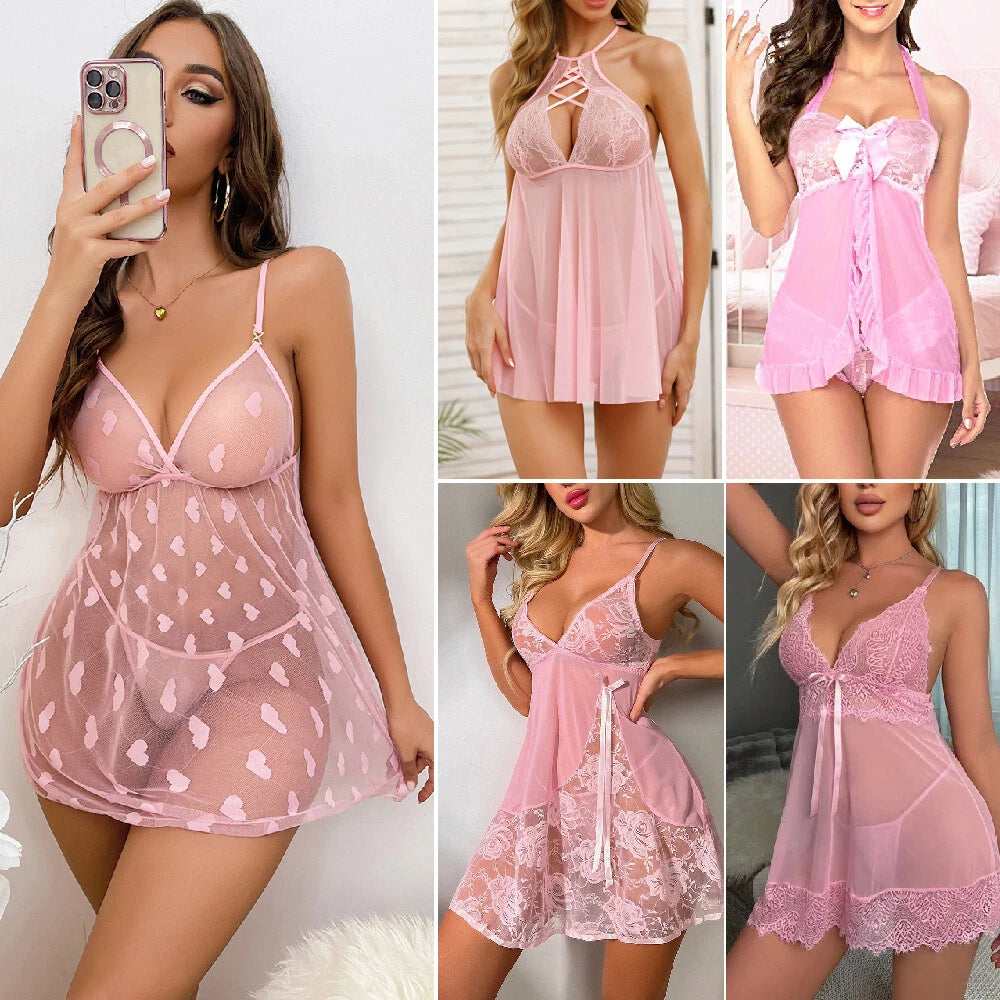 Pink-Women-Sexy-Lingerie-Sleepwear-Lace-Panties-Underwear-Nightwear-Babydoll-Set