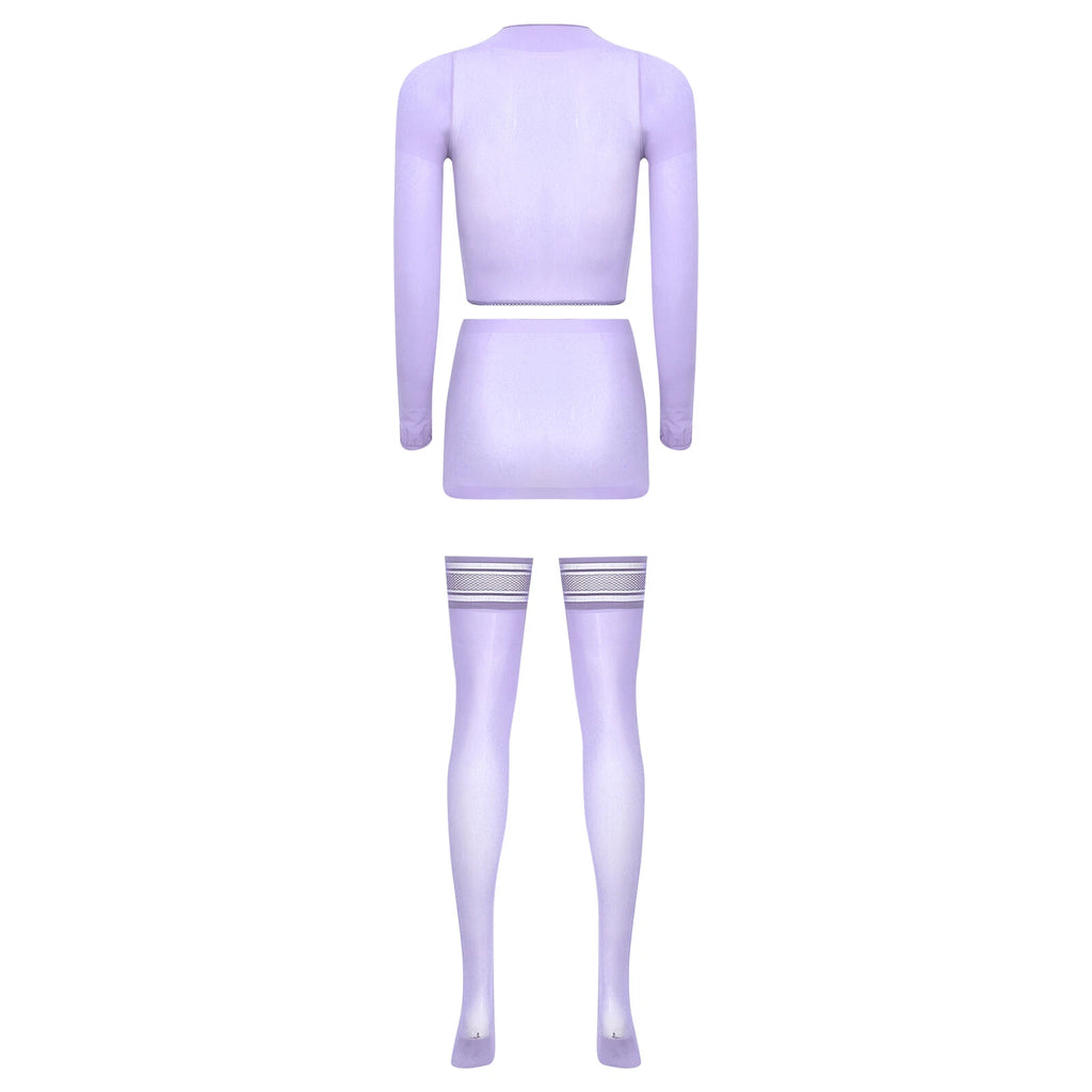 Womens Crop Top And Skirt With Stockings Round Neck Nightwear Tempting Glossy