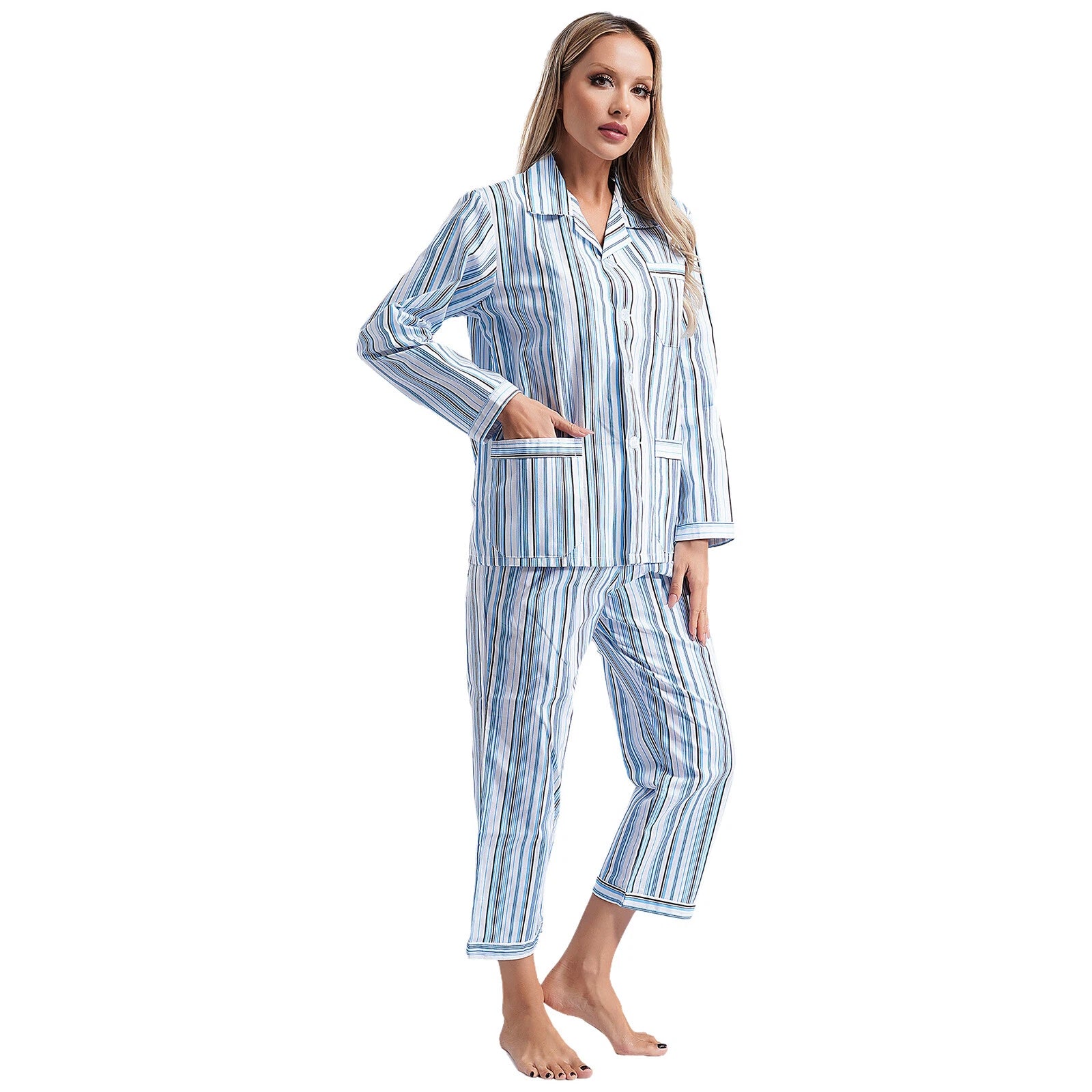Womens Sleepwear Casual Loungewear Multiple Pockets Pajama Set Button Down Soft
