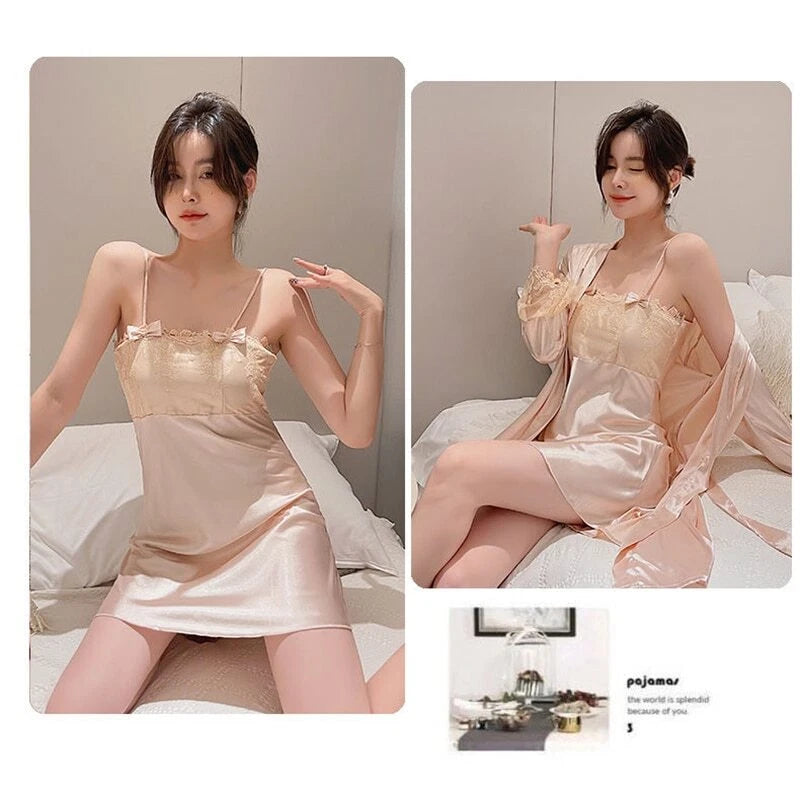 2023 Women's summer short sleeved thin satin pajama robe 2-piece set