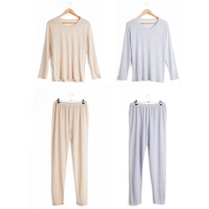 Men 100% Mulberry Silk Thermal Underwear Pajama Set Long Johns Base Layer Sets