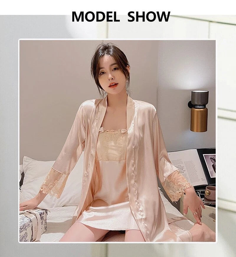 2023 Women's summer short sleeved thin satin pajama robe 2-piece set