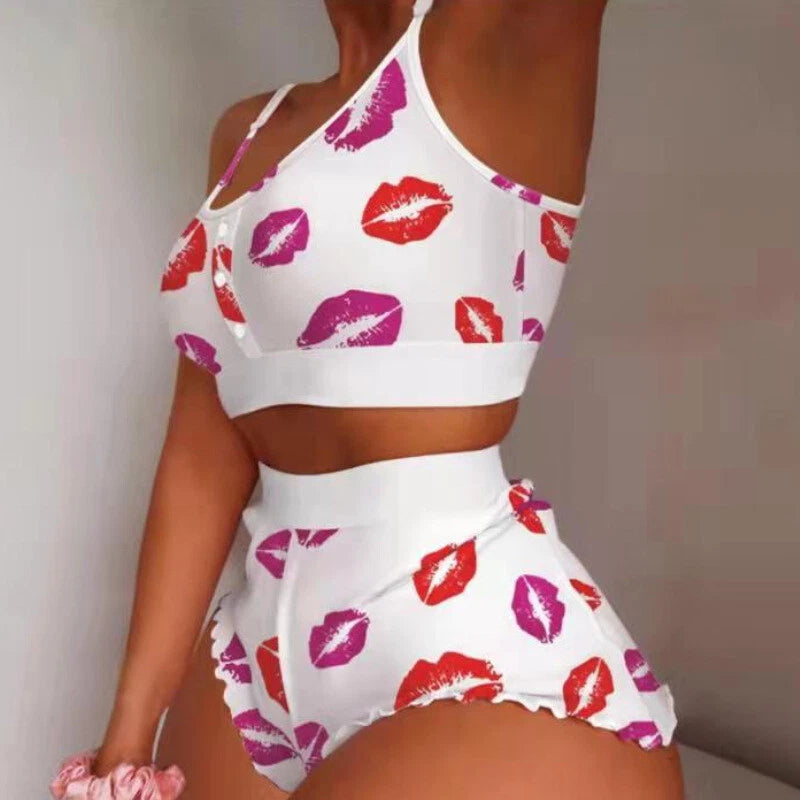 Womens Lingerie Floral Printing Sexy Pajamas Set Soft Leisure Vest Crop Shorts