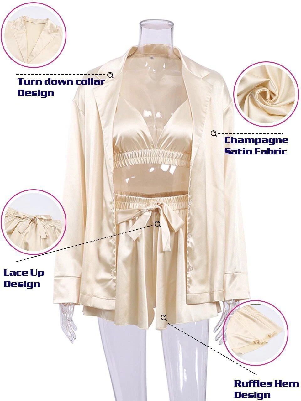 2023 Bathrobe set, women's 3-piece set, pleated robe, women's pajama set