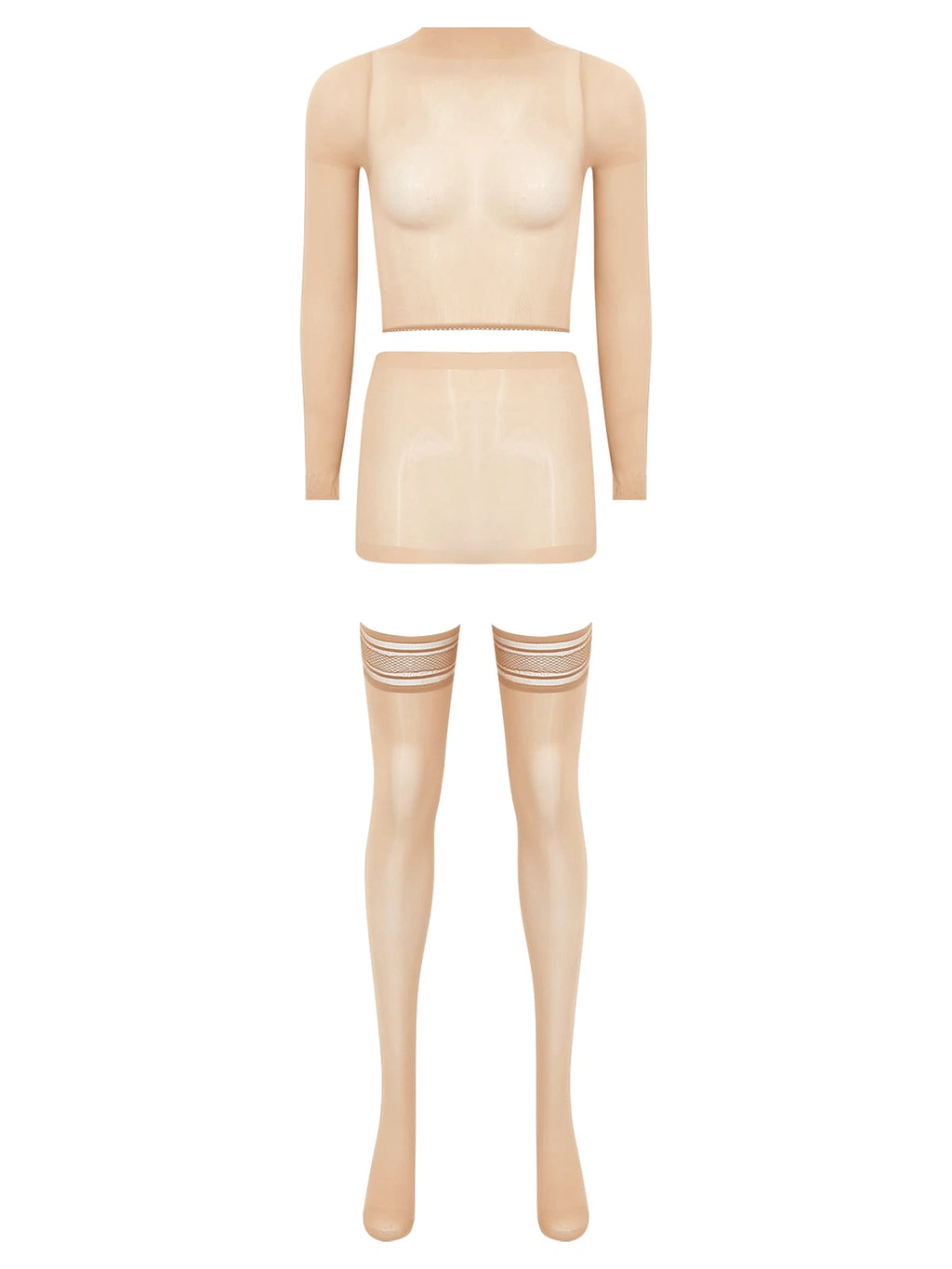 Womens Crop Top And Skirt With Stockings Round Neck Nightwear Tempting Glossy