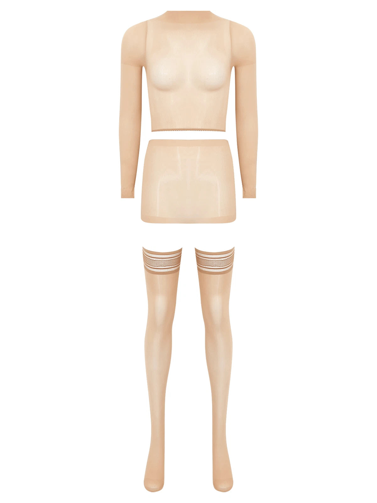 Womens Crop Top And Skirt With Stockings Round Neck Nightwear Tempting Glossy