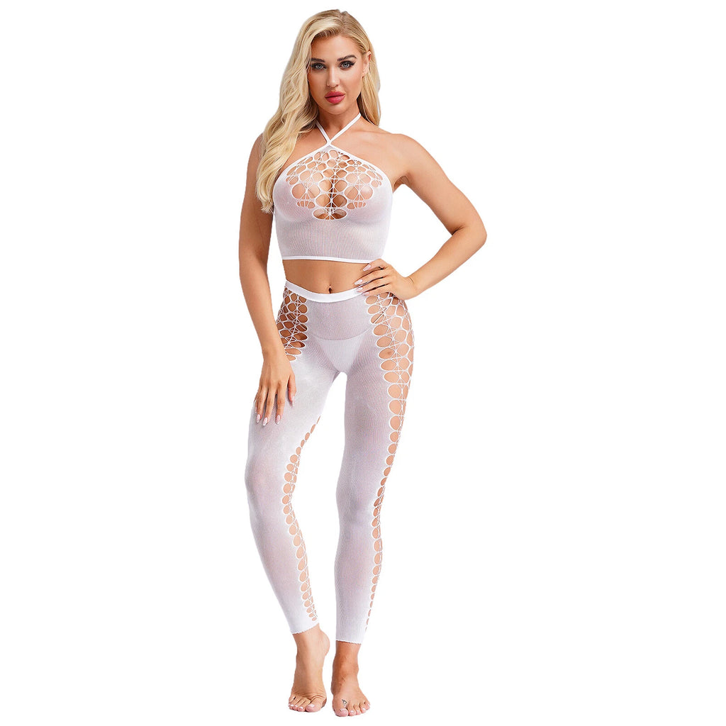 Womens Hollow Out Translucent Lingerie Set Stretchy Fishnet Solid Color Tights