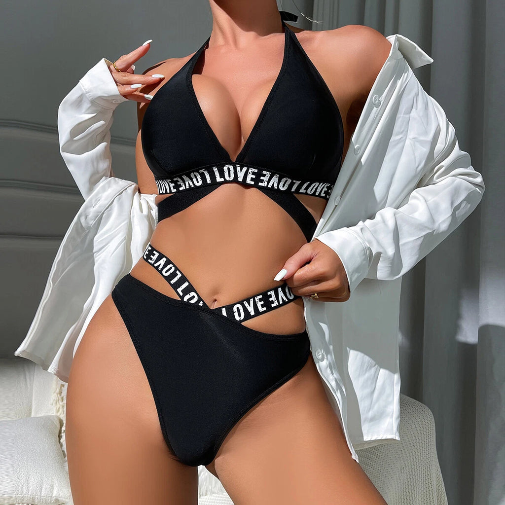 Women Sexy Lingerie Letter Print Belted Bra and Panty 2 Piece Pajamas Set Outfit