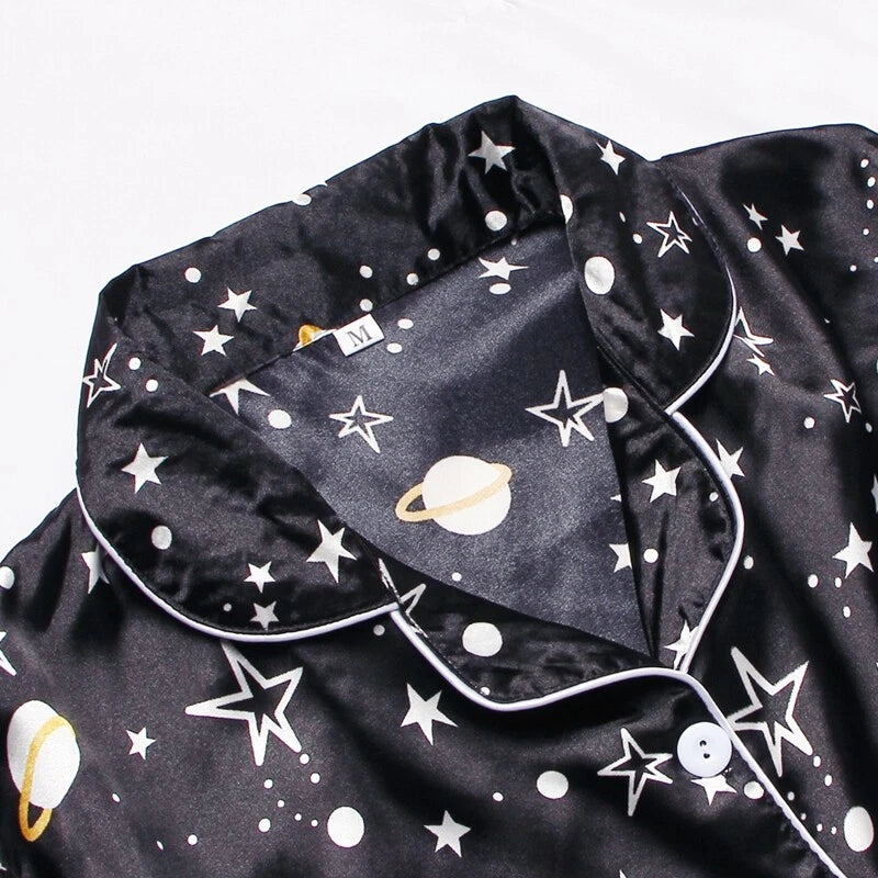 Women's Silk Satin Pajamas Set Short Sleeve Print Sleepwear Nightwear Pyjamas PJ