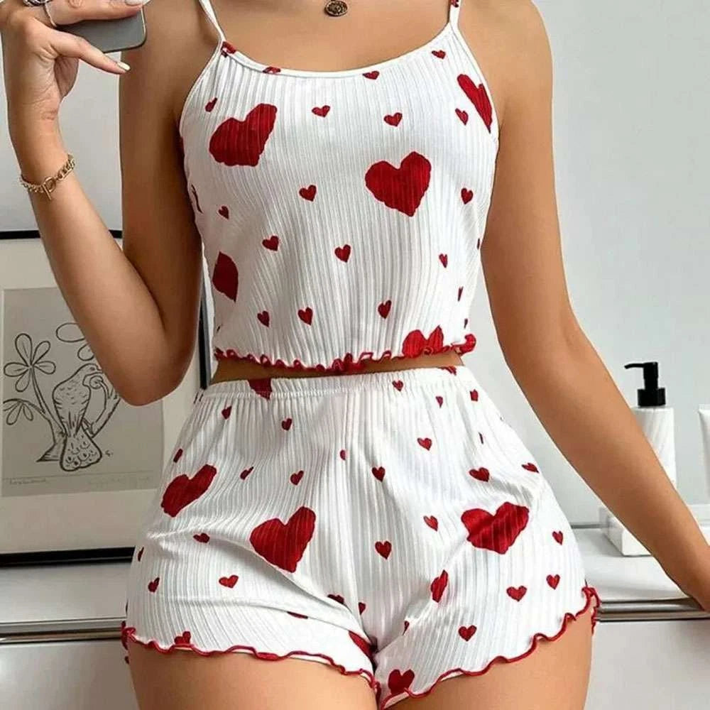 2PCS Summer Pjs Set Women Lovely Nightwear Sleepwear Cami Top + Short Pajama Set